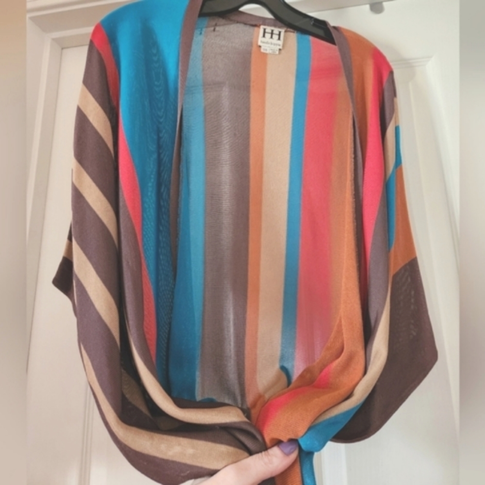 HAUTE HIPPIE Desert Stripes Western Turq Coral Midi Fringe Tunic Kimono Vest OS - Picture 10 of 16